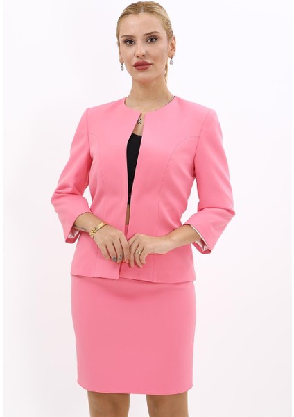 Sıfır Yaka Düz Kısa Ceket-Pembe indirimleri
