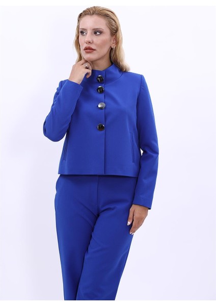 Oval Dik Yaka Kısa Ceket-Saks