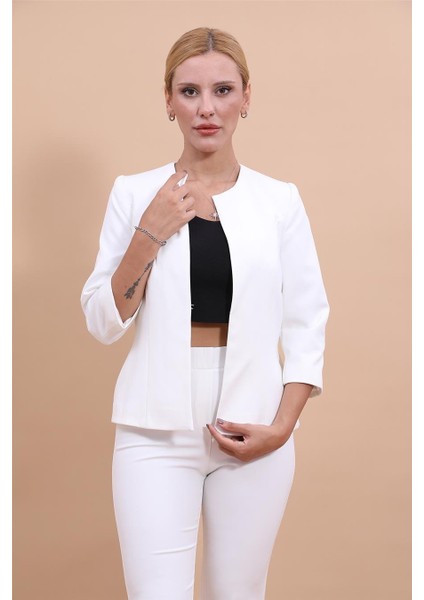 Sıfır Yaka Düz Kısa Ceket-Beyaz fiyatları