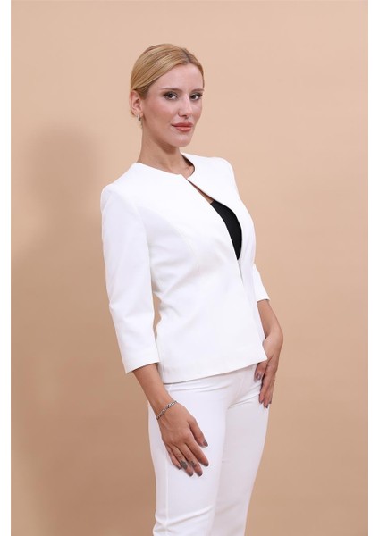 Sıfır Yaka Düz Kısa Ceket-Beyaz modelleri