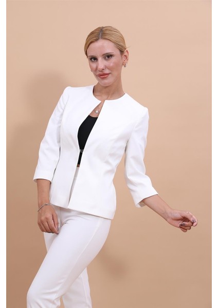 Sıfır Yaka Düz Kısa Ceket-Beyaz fırsatları