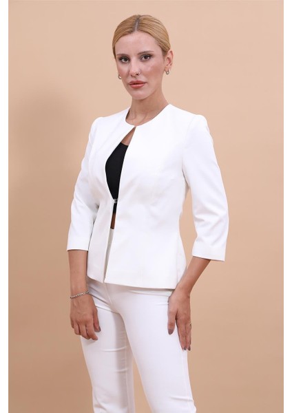 Sıfır Yaka Düz Kısa Ceket-Beyaz indirimleri