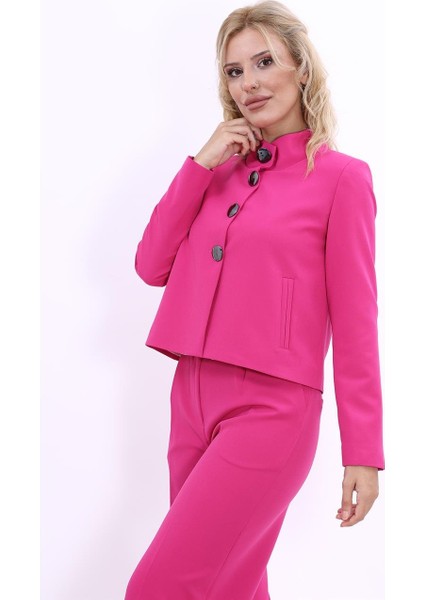 Oval Dik Yaka Kısa Ceket-Fuşya modelleri