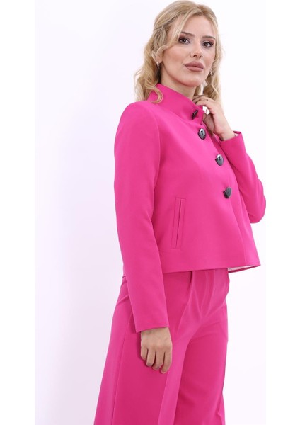 Oval Dik Yaka Kısa Ceket-Fuşya indirimleri