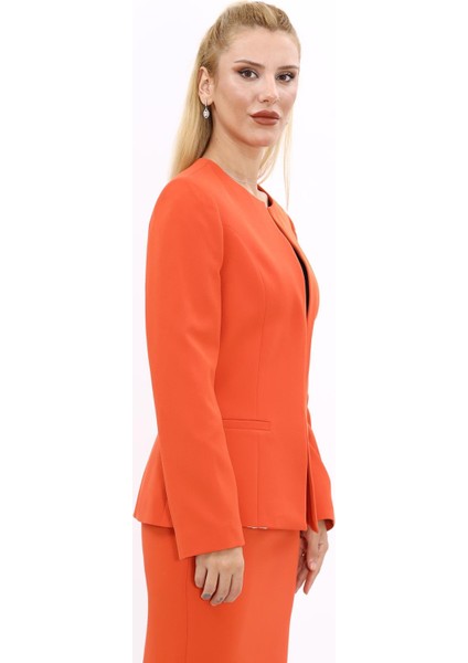Oval Yaka Yandan Kuplu Klasik Ceket-Turuncu modelleri