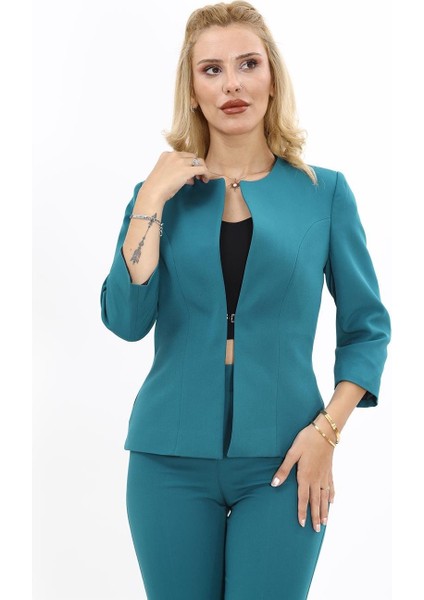 Sıfır Yaka Düz Kısa Ceket-Petrol