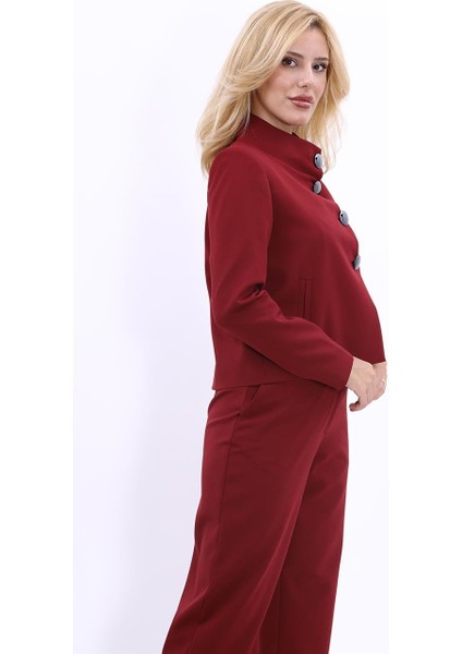 Oval Dik Yaka Kısa Ceket-Bordo indirimleri