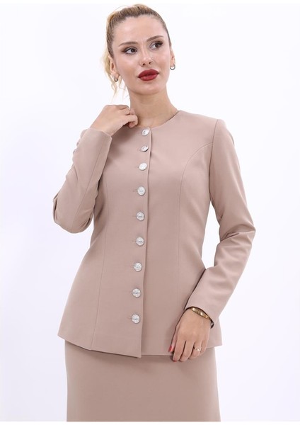 Sıfır Yaka Boydan Düğmeli Ceket-Taş