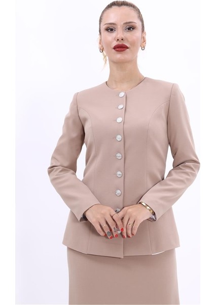 Sıfır Yaka Boydan Düğmeli Ceket-Taş indirimleri