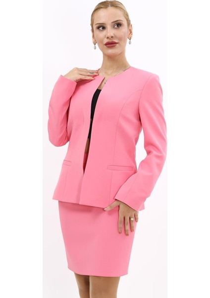 Oval Yaka Yandan Kuplu Klasik Ceket-Pembe