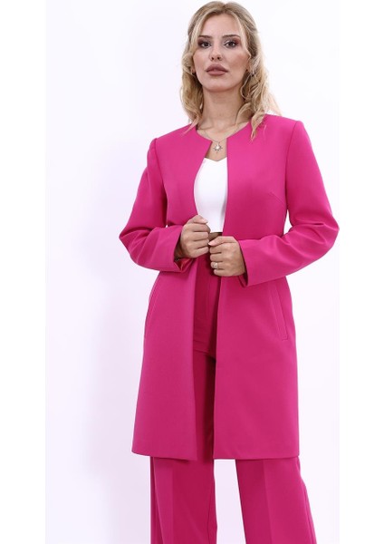 Sıfır Yaka Düz Uzun Ceket-Fuşya