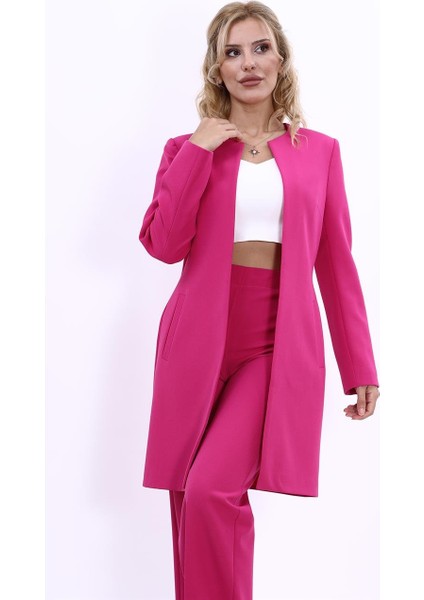 Sıfır Yaka Düz Uzun Ceket-Fuşya fiyatları