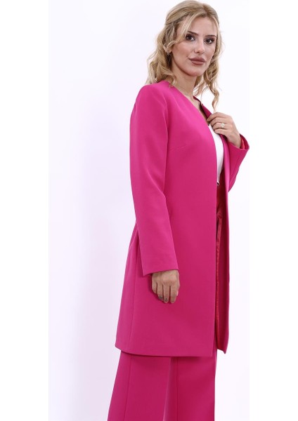 Sıfır Yaka Düz Uzun Ceket-Fuşya indirimleri