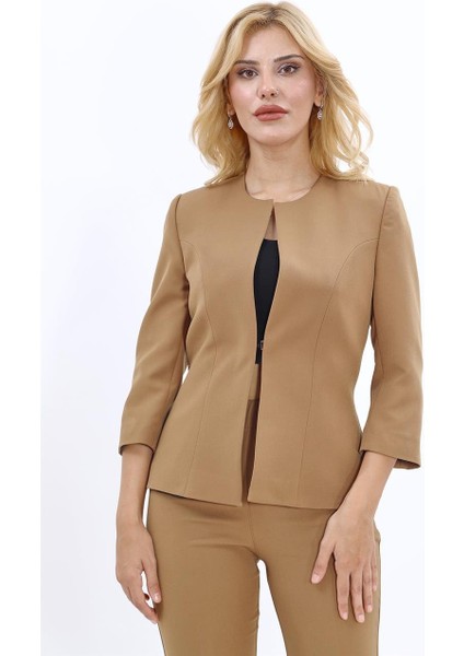 Sıfır Yaka Düz Kısa Ceket-Camel