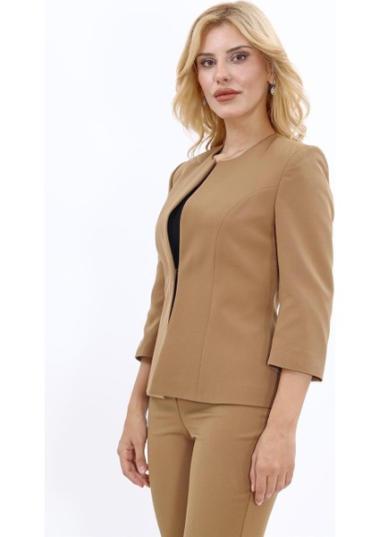 Sıfır Yaka Düz Kısa Ceket-Camel modelleri