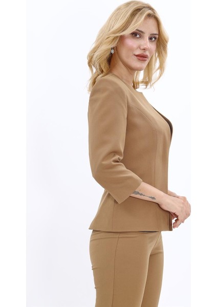 Sıfır Yaka Düz Kısa Ceket-Camel indirimleri