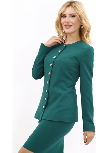 Sıfır Yaka Boydan Düğmeli Ceket-Zümrüt