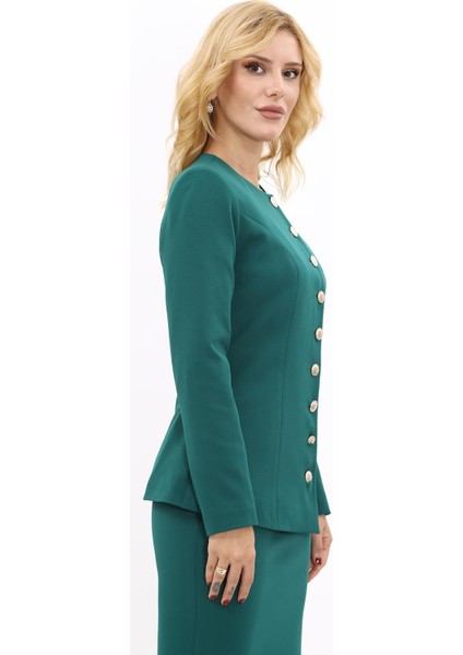 Sıfır Yaka Boydan Düğmeli Ceket-Zümrüt modelleri