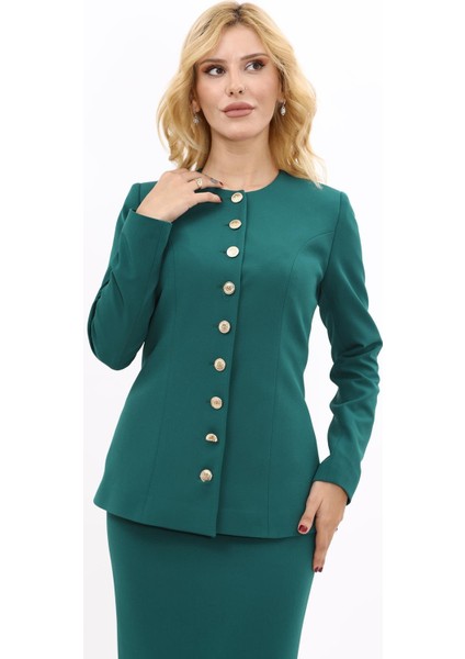 Sıfır Yaka Boydan Düğmeli Ceket-Zümrüt indirimleri