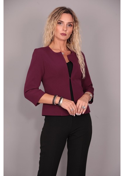 Sıfır Yaka Düz Kısa Ceket-Mürdüm indirimleri