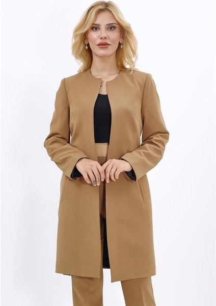 Sıfır Yaka Düz Uzun Ceket-Camel