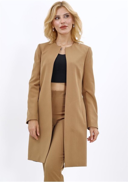 Sıfır Yaka Düz Uzun Ceket-Camel fiyatları