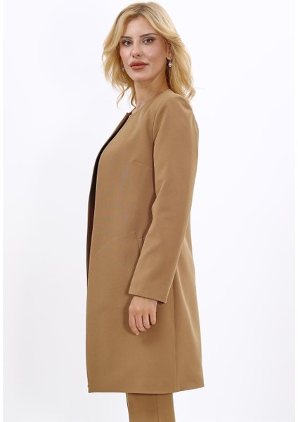 Sıfır Yaka Düz Uzun Ceket-Camel modelleri