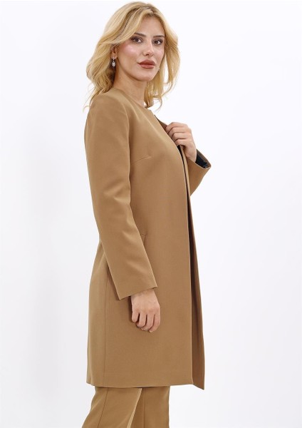 Sıfır Yaka Düz Uzun Ceket-Camel indirimleri