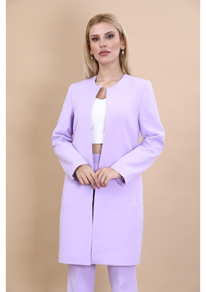 Sıfır Yaka Düz Uzun Ceket-Menekşe