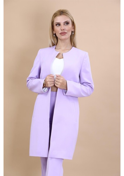 Sıfır Yaka Düz Uzun Ceket-Menekşe fiyatları