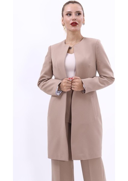 Sıfır Yaka Düz Uzun Ceket-Taş