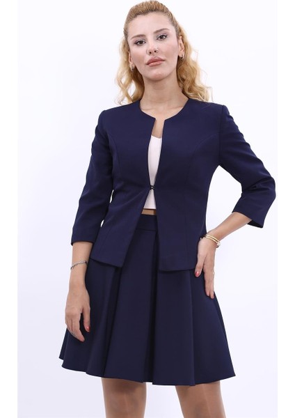 Sıfır Yaka Düz Kısa Ceket-Lacivert