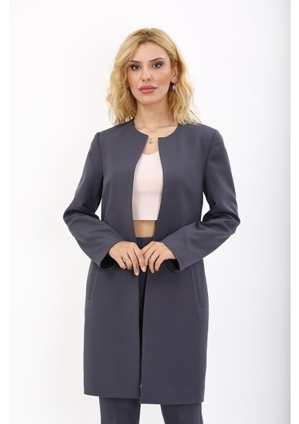 Sıfır Yaka Düz Uzun Ceket-Füme