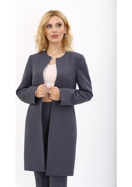 Sıfır Yaka Düz Uzun Ceket-Füme fiyatları