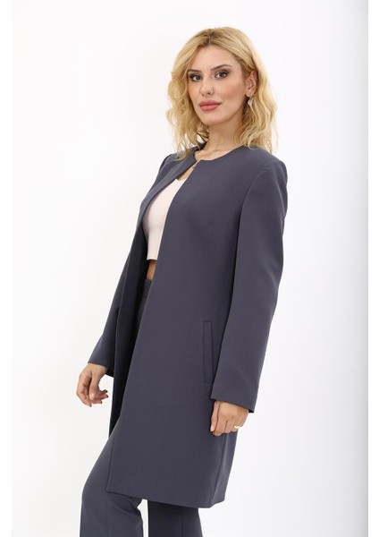 Sıfır Yaka Düz Uzun Ceket-Füme modelleri