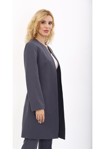 Sıfır Yaka Düz Uzun Ceket-Füme indirimleri