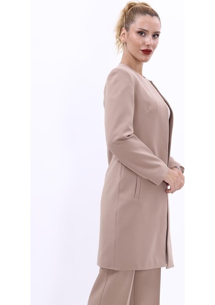 Sıfır Yaka Düz Uzun Ceket-Taş indirimleri