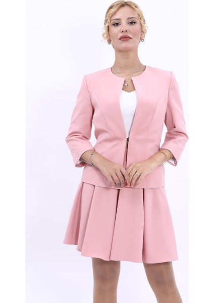 Sıfır Yaka Düz Kısa Ceket-Pudra