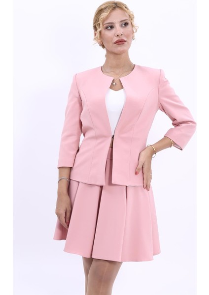 Sıfır Yaka Düz Kısa Ceket-Pudra fiyatları