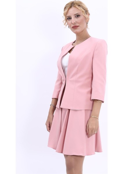 Sıfır Yaka Düz Kısa Ceket-Pudra modelleri