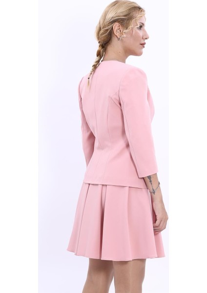 Sıfır Yaka Düz Kısa Ceket-Pudra fırsatları
