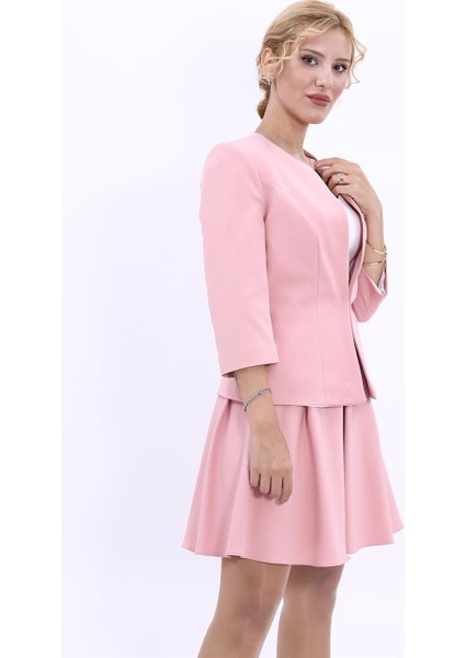 Sıfır Yaka Düz Kısa Ceket-Pudra indirimleri