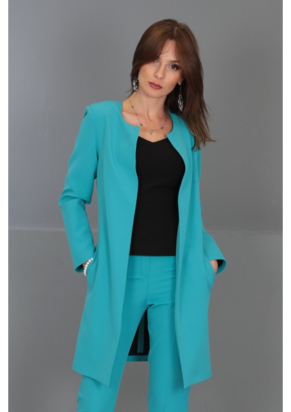 Sıfır Yaka Düz Uzun Ceket-Turkuaz