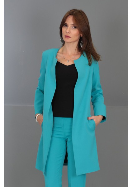 Sıfır Yaka Düz Uzun Ceket-Turkuaz fiyatları