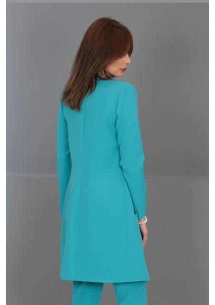 Sıfır Yaka Düz Uzun Ceket-Turkuaz fırsatları
