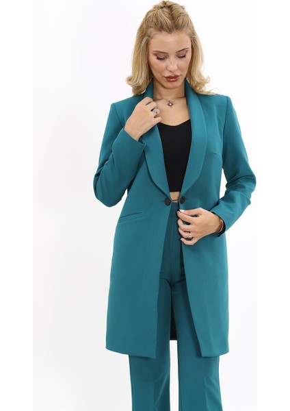 Şal Yaka Cepli Uzun Ceket-Petrol