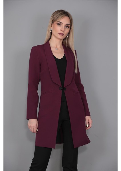Şal Yaka Cepli Uzun Ceket-Mürdüm