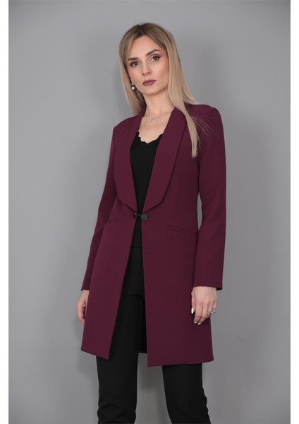 Şal Yaka Cepli Uzun Ceket-Mürdüm fiyatları