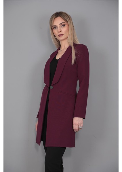 Şal Yaka Cepli Uzun Ceket-Mürdüm modelleri