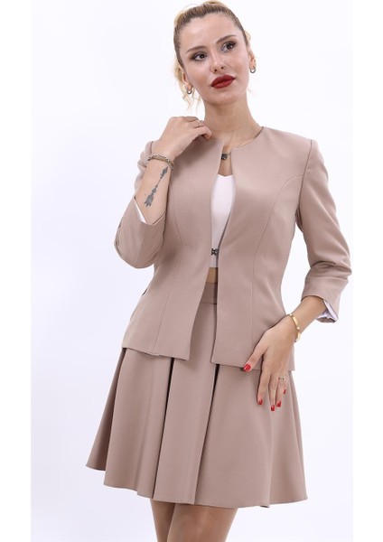 Sıfır Yaka Düz Kısa Ceket-Taş